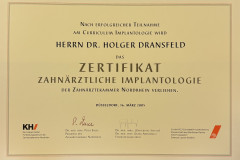 Zertifikat zahnärztliche Implantologie 2005